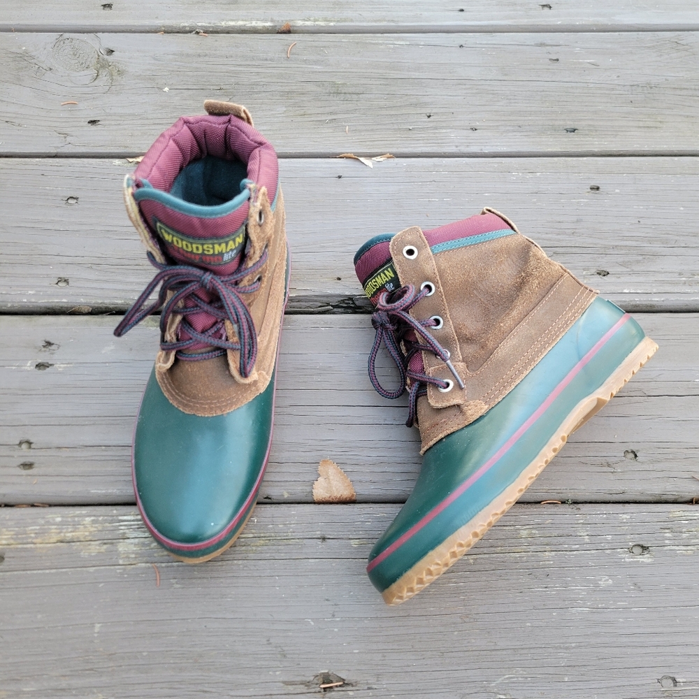 Vintage 90s y2k Woodsman Brown Roughout Suede Leather‎ Green Rubber Duck Boots 7